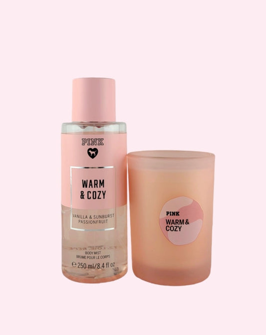 Victoria's Secret Pink Warm &amp; Cozy Body Mist y vela perfumada, juego de 2 piezas