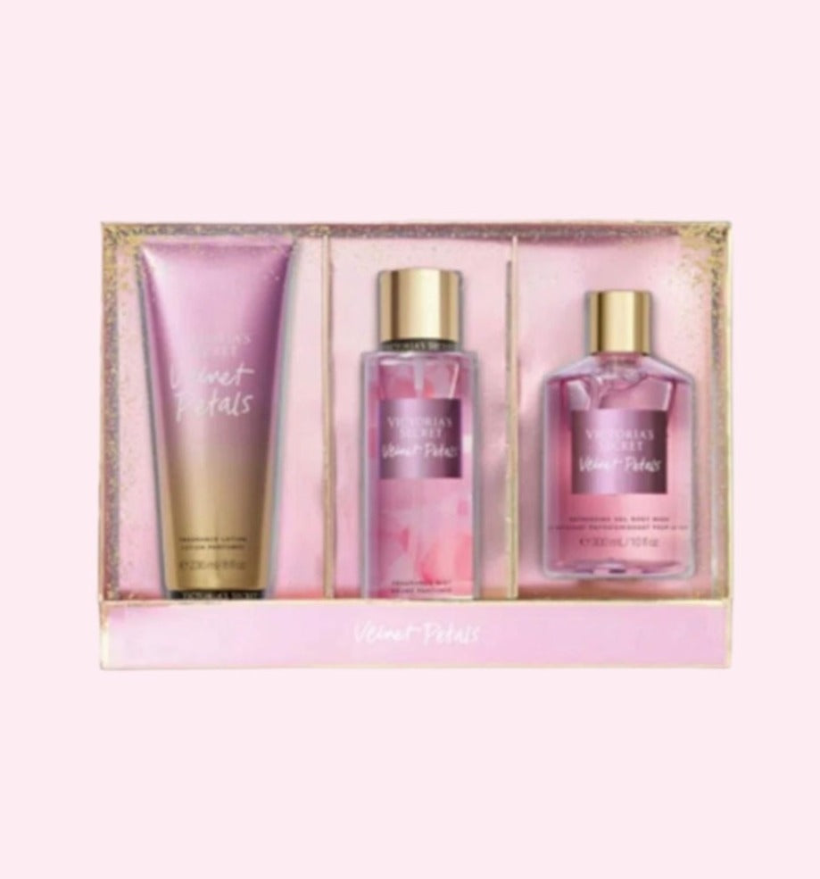 Victoria's Secret Velvet Petals fragancia niebla y loción corporal + gel refrescante para el cuerpo, juego de 3 piezas