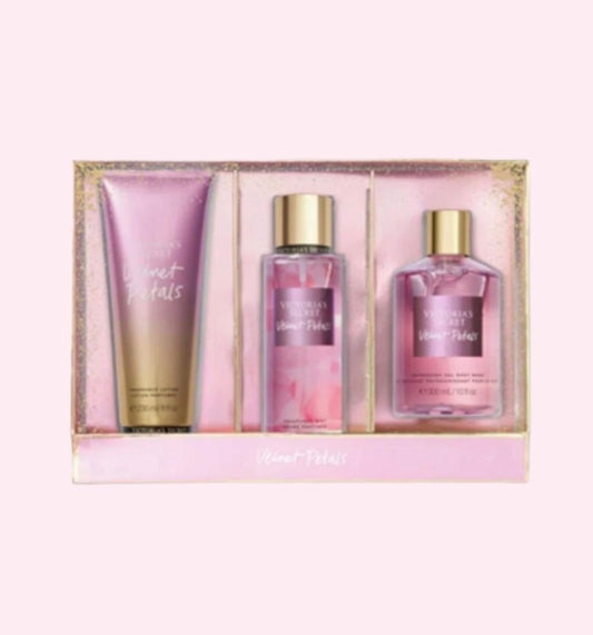 Victoria's Secret Velvet Petals fragancia niebla y loción corporal + gel refrescante para el cuerpo, juego de 3 piezas